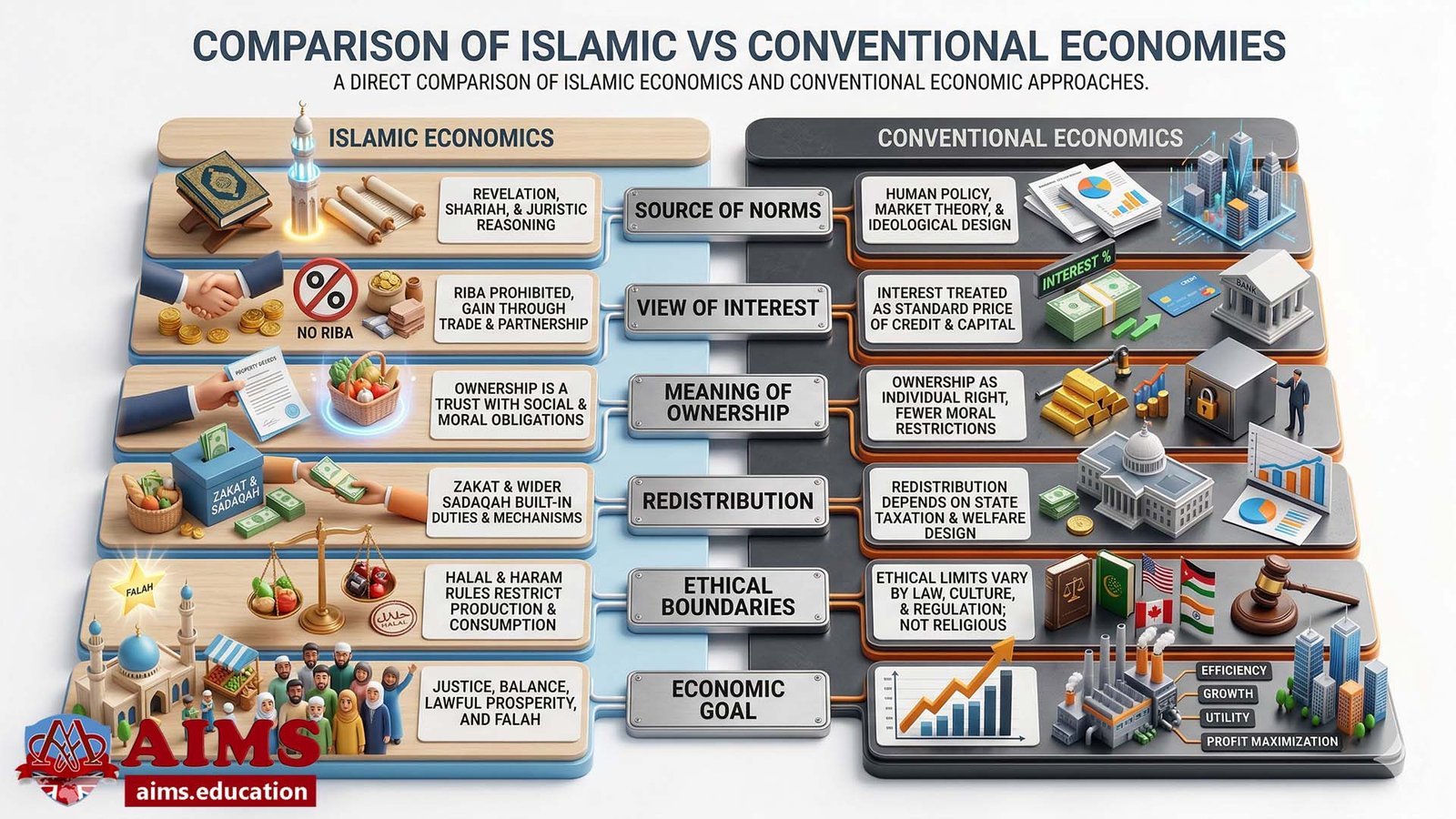 Comparative chart of Islamic vs Conventional Economics detailing Shariah norms and interest views.