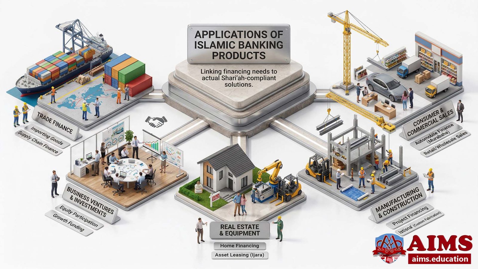 Applications of Islamic banking products infographic across major financing sectors