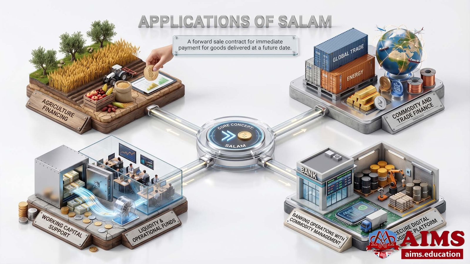 Applications of Salam in Islamic Finance Applications of Salam infographic showing finance and commodity use cases