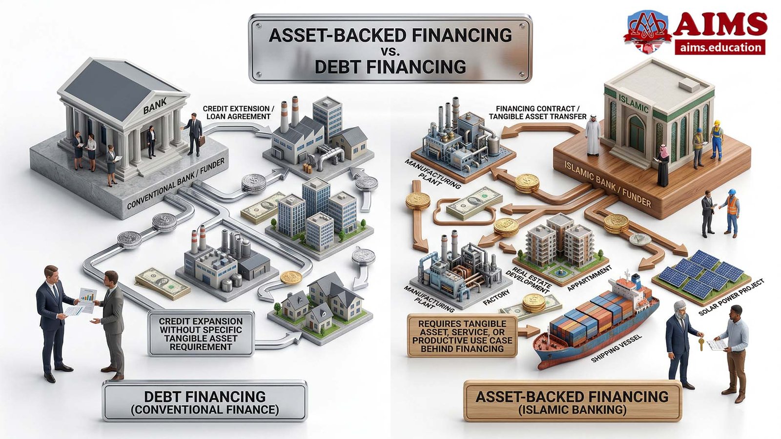 Asset-backed financing vs debt financing infographic comparing Islamic and conventional models