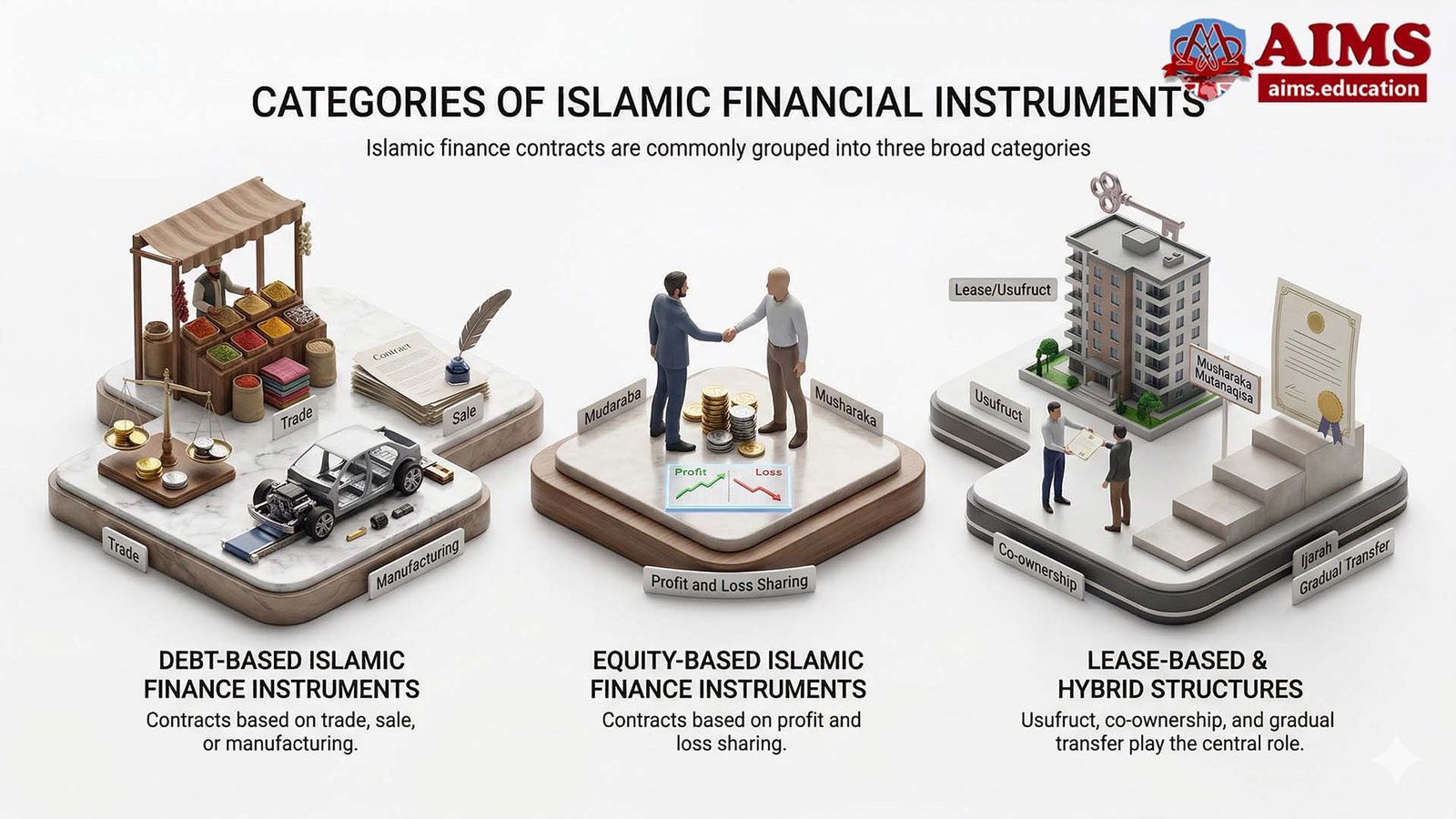 Categories of Islamic financial instruments showing debt equity and hybrid models