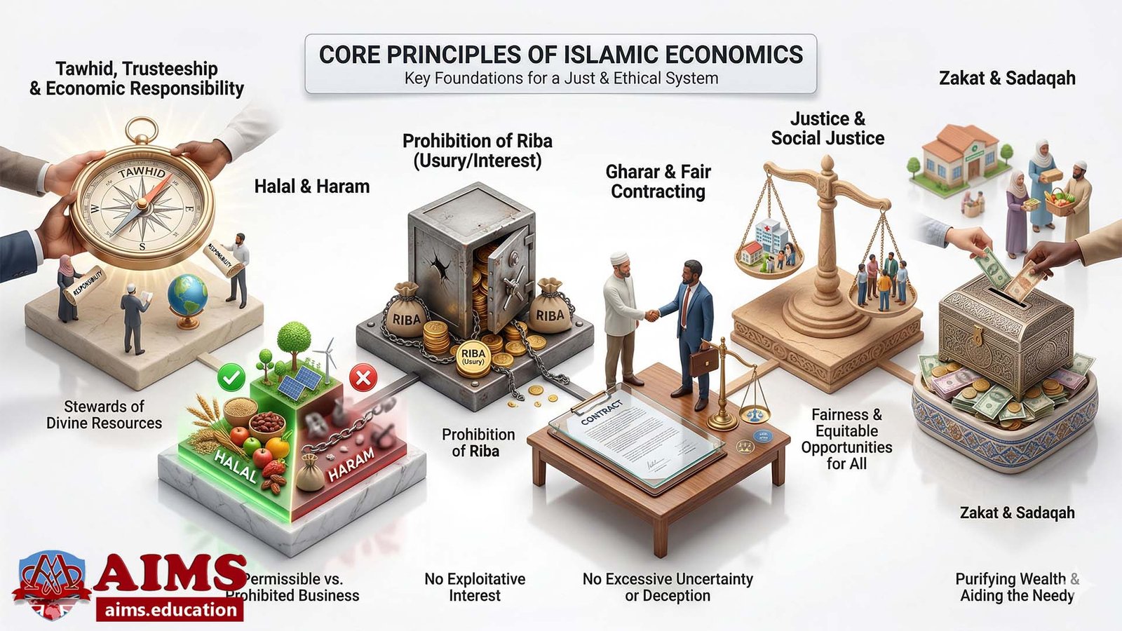 Balance scales and charity icons demonstrate core principles of Islamic economics.
