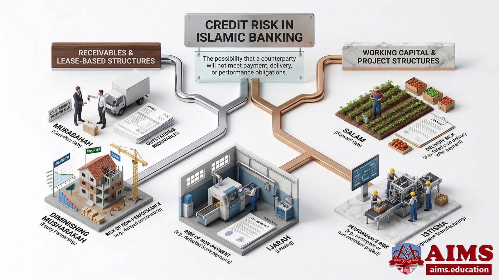 Credit risk in Islamic banking infographic showing payment delivery and performance risk