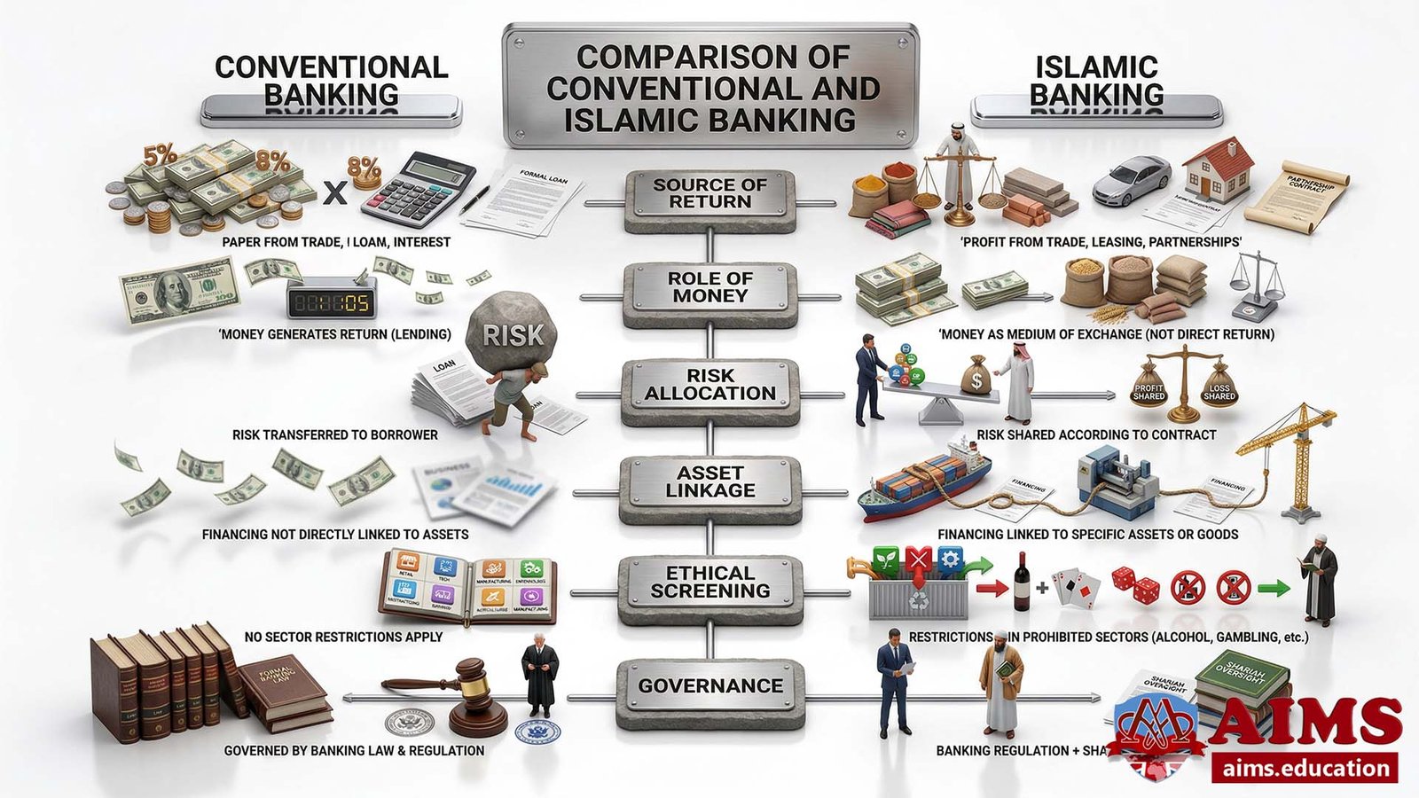 Differences between Islamic and conventional banking across six comparison points