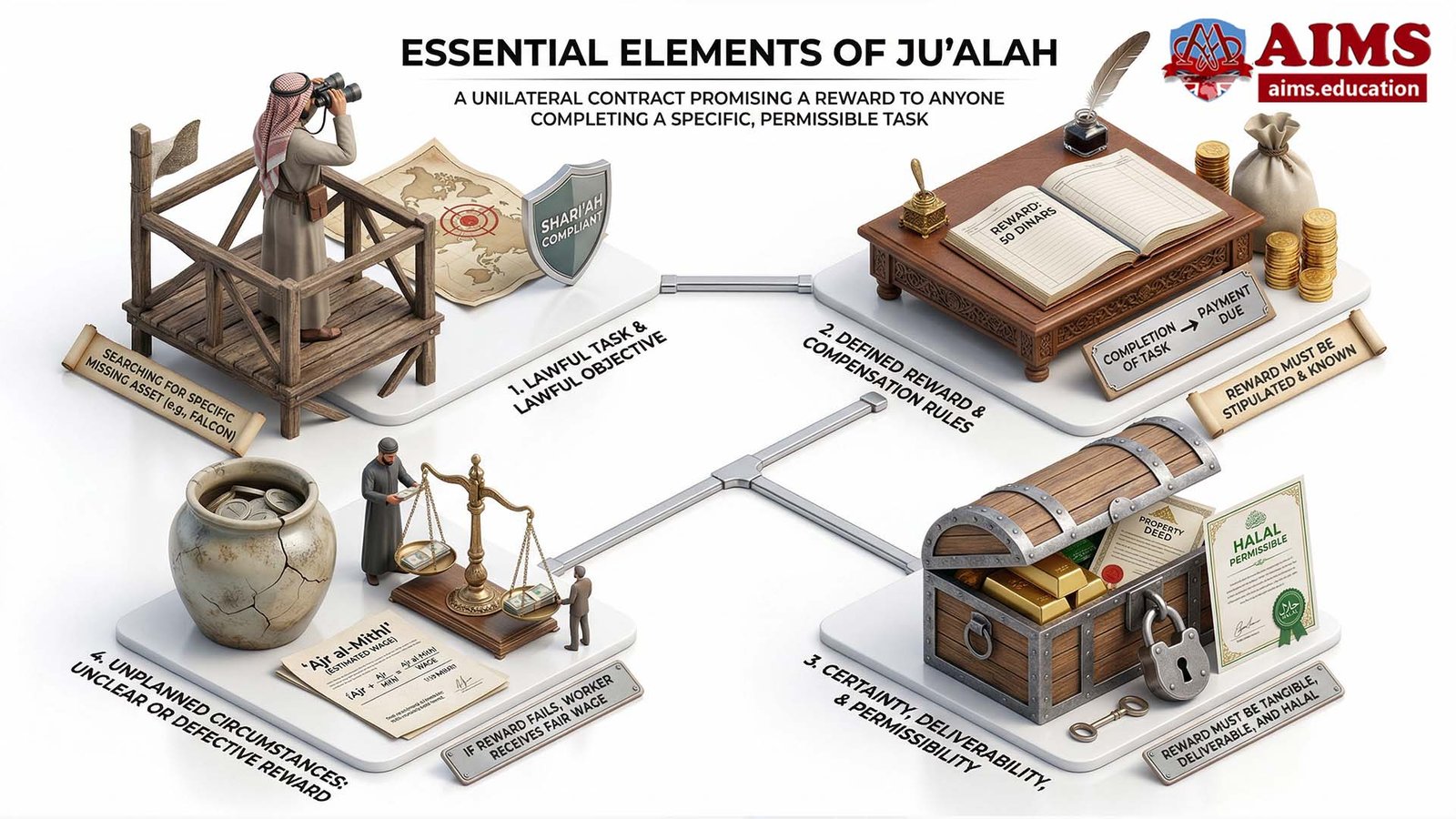 Essential elements of Ju’alah shown in four labeled sections