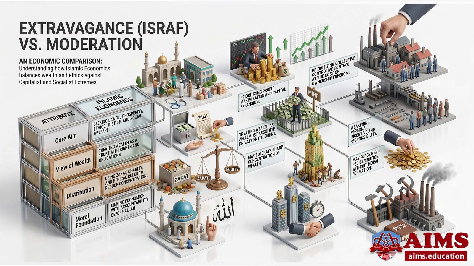Extravagance (Israf) vs. Moderation demonstrated through Zakat and balance scales.