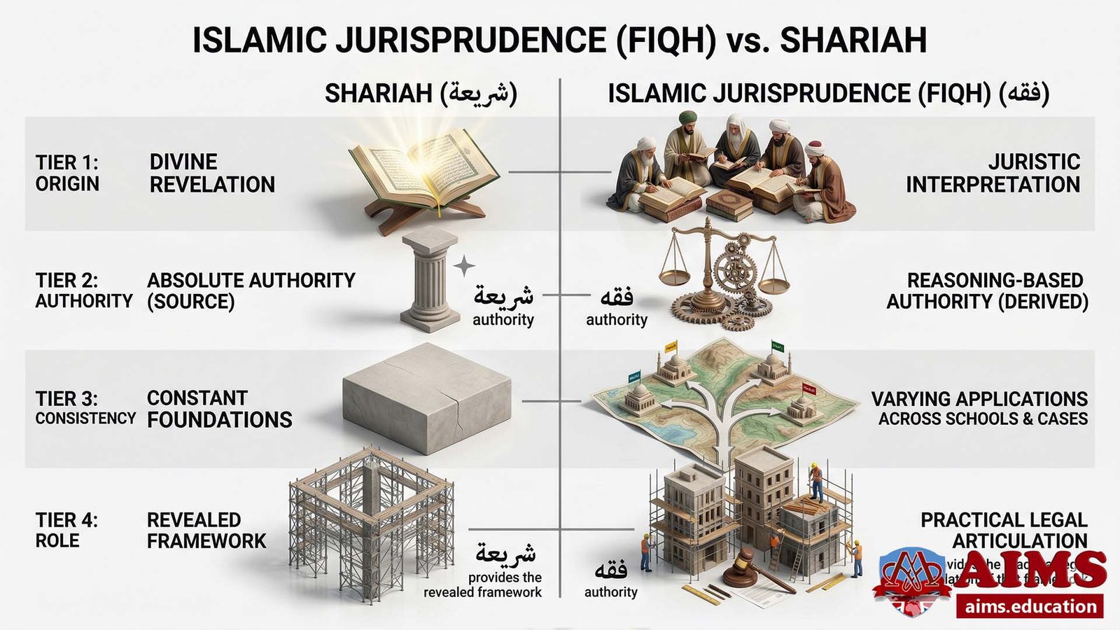 Fiqh vs. Shariah comparison showing source and application