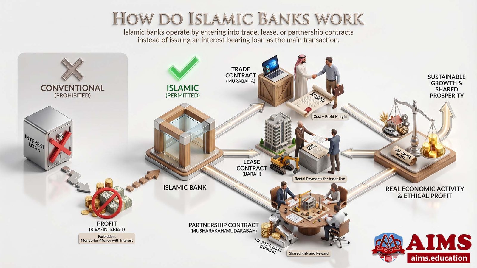 How do Islamic banks work diagram with trade lease and partnership contracts