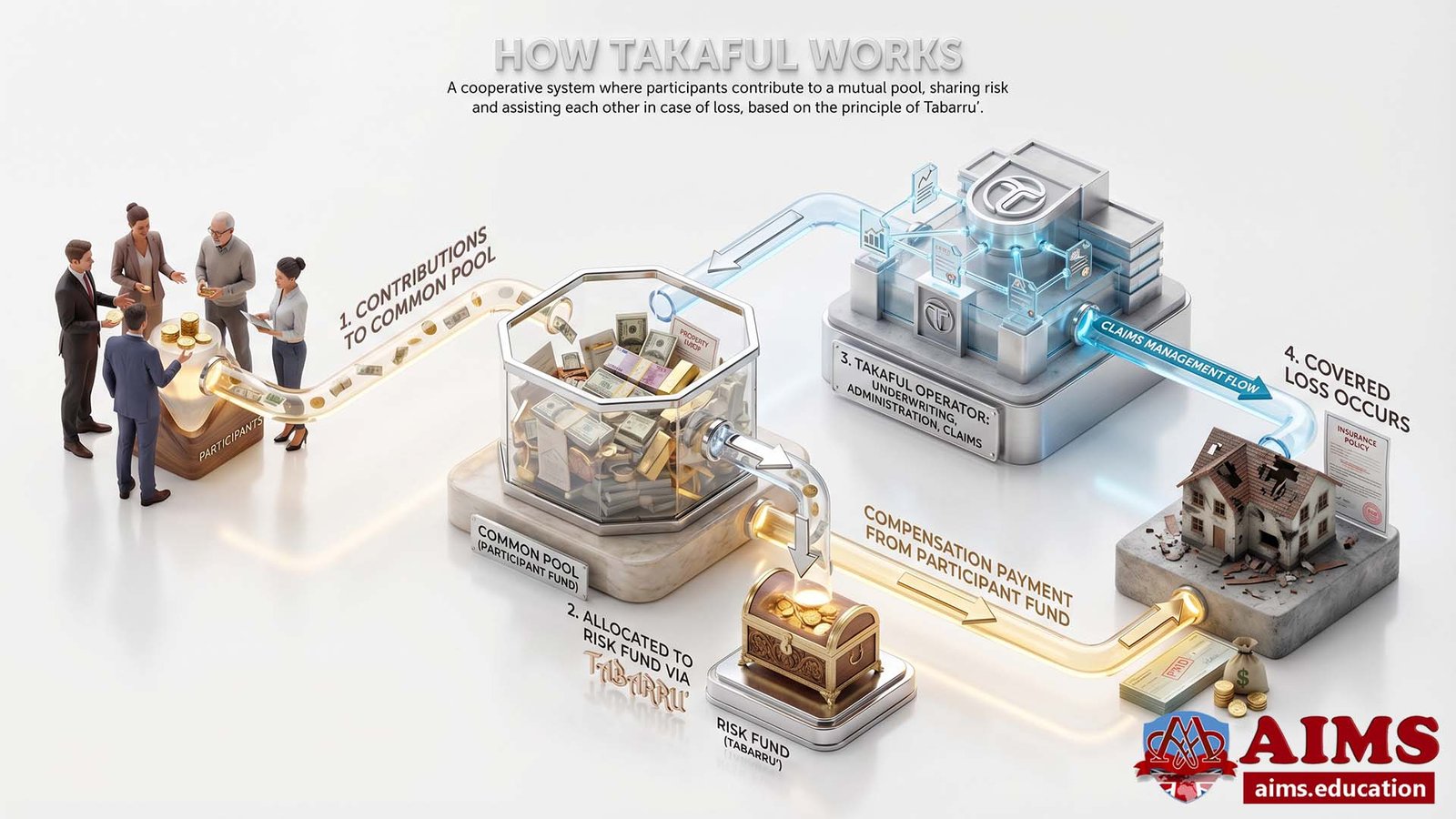 How Takaful works diagram showing contributions, risk fund, and claims