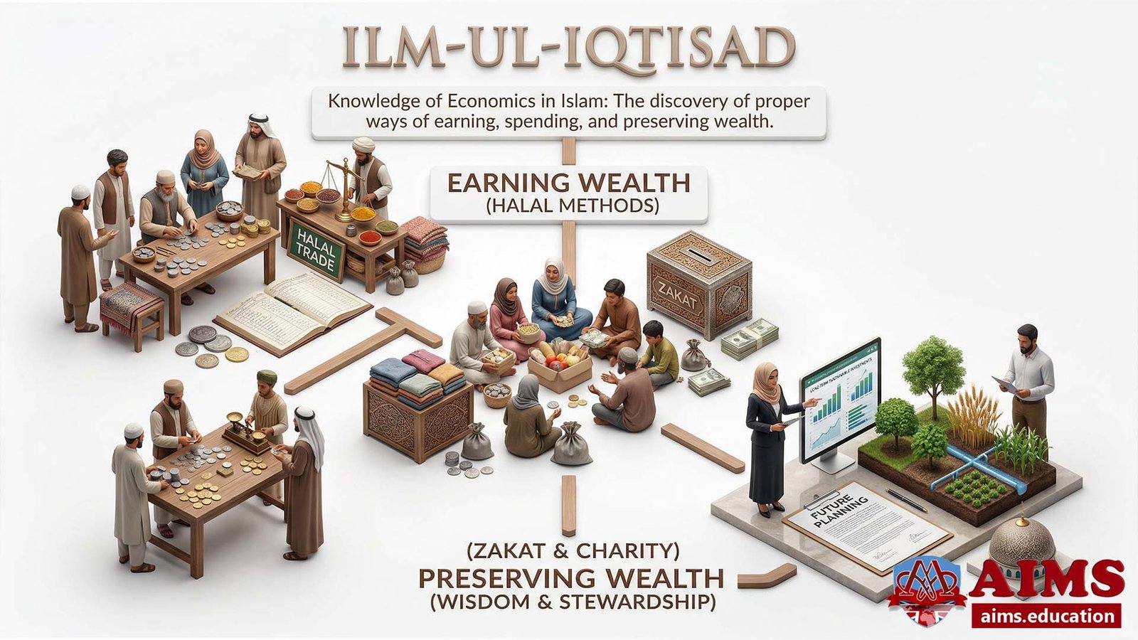 Ilm-ul-Iqtisad depicted via marketplace trade, Zakat boxes, and sustainable investment data charts.