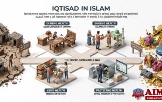 Iqtisad in Islam illustrated via isometric scenes of ethical wealth management.