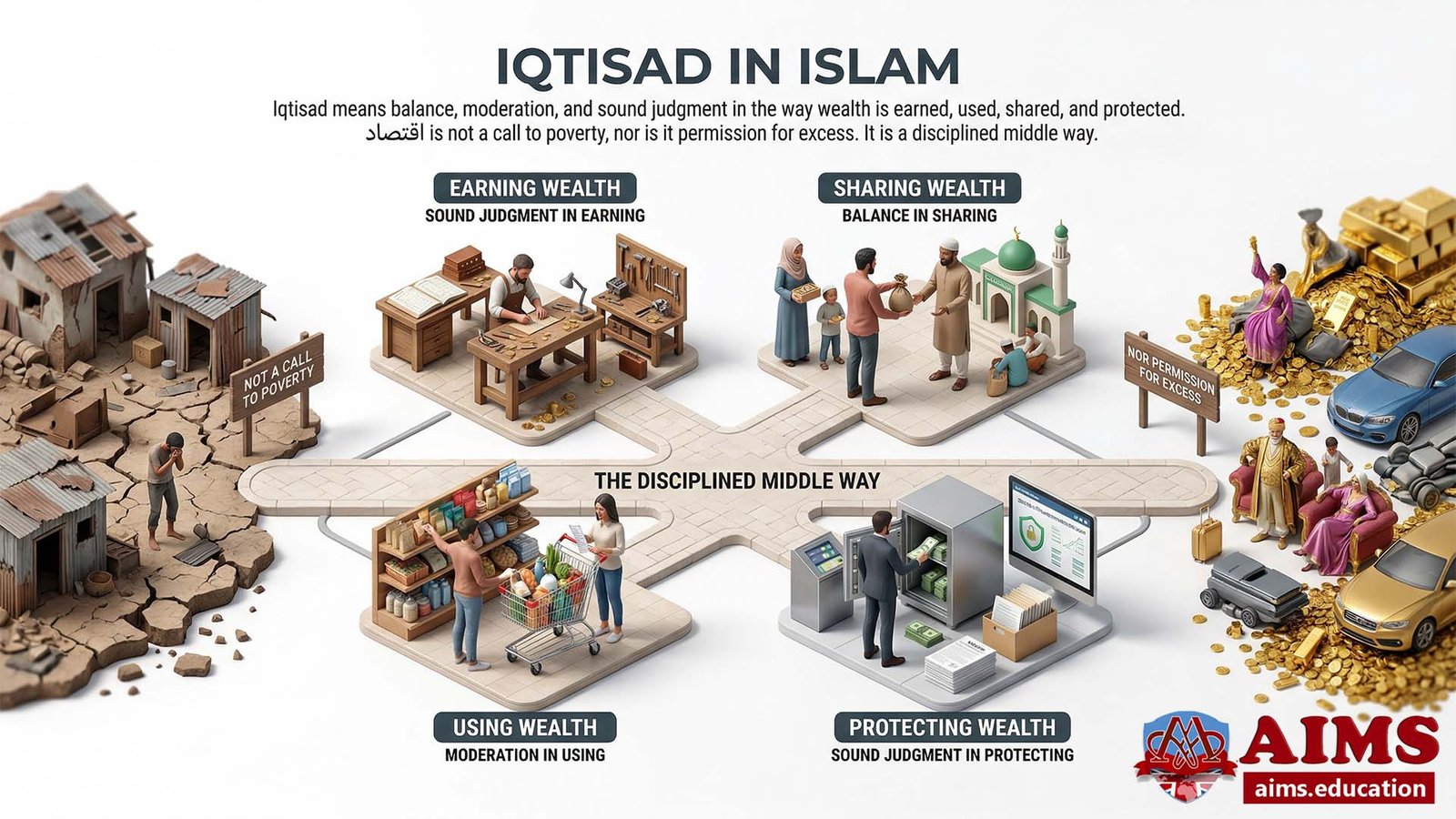 Iqtisad in Islam: Understanding Economic Moderation and Balance | AIMS Education Iqtisad in Islam illustrated via isometric scenes of ethical wealth management.