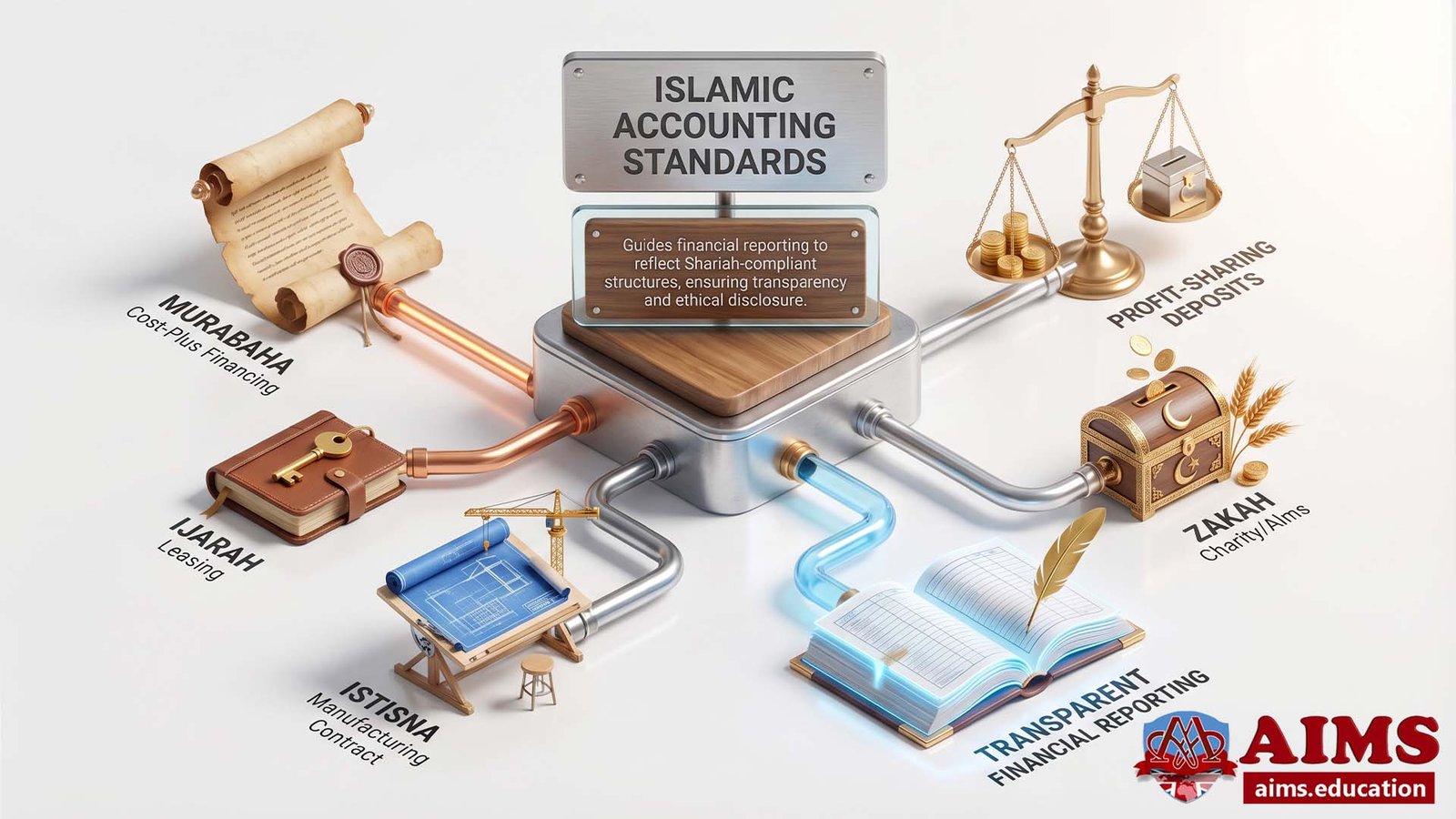 Implementing Islamic Accounting Standards for Transparent Shariah Financial Reporting Islamic Accounting Standards illustrated with 3D blueprints, scales, and treasure chest icons.