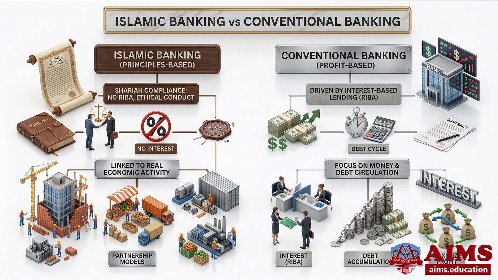 Islamic banking vs conventional banking infographic comparing principles and structure