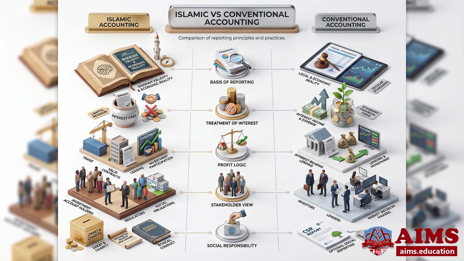 Detailed Comparison Diagram: Islamic vs Conventional Accounting Principles A 3D infographic illustrating Islamic vs Conventional Accounting differences across five key reporting categories using symbolic isometric icons.