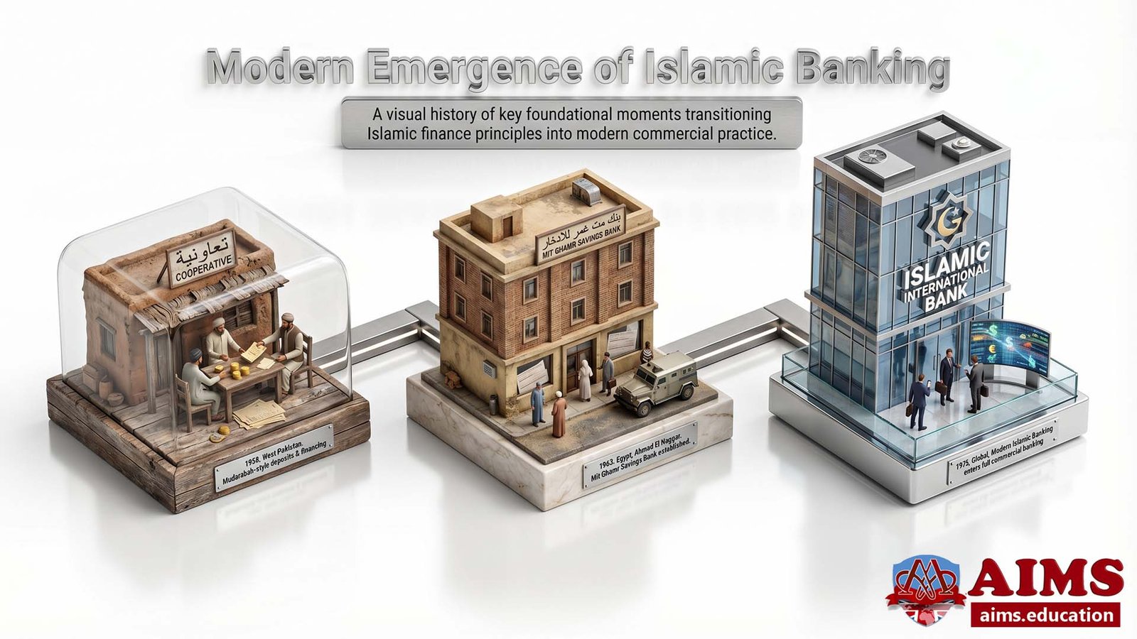 Modern emergence of Islamic banking timeline with foundational institutions
