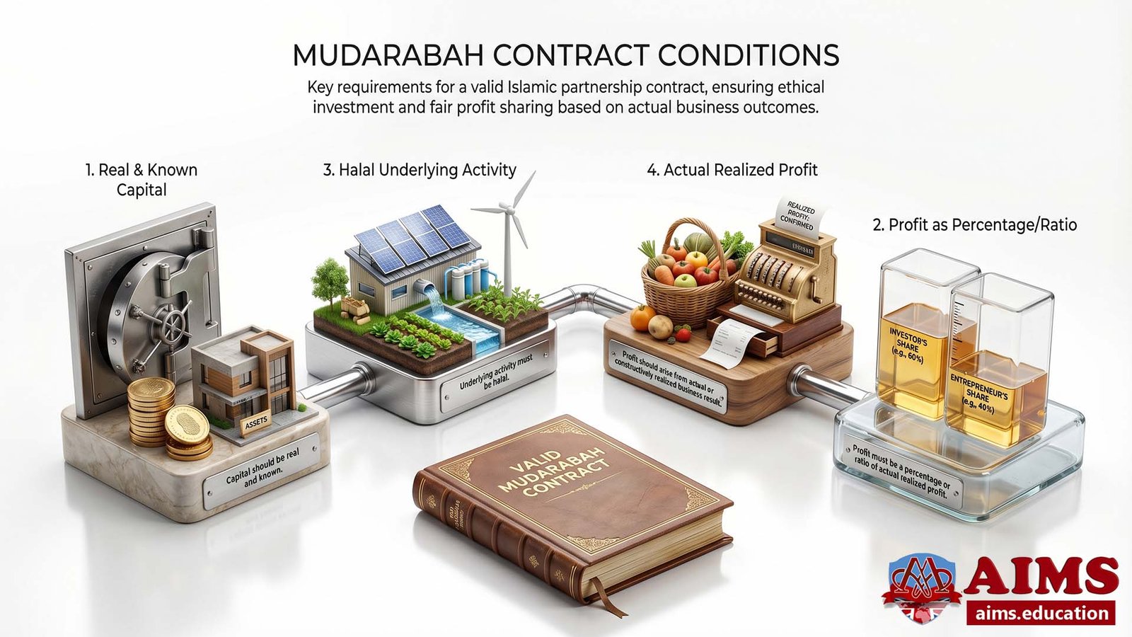 Mudarabah contract conditions showing capital, halal activity, and profit ratio