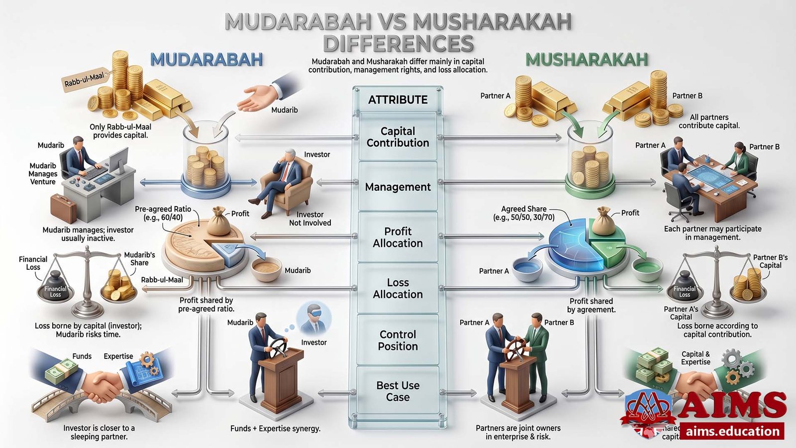 Mudarabah vs Musharakah differences in capital, management, profit, and loss