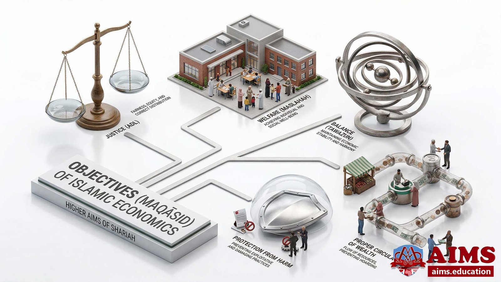 Image illustrating the Objectives (Maqāsid) of Islamic Economics framework.