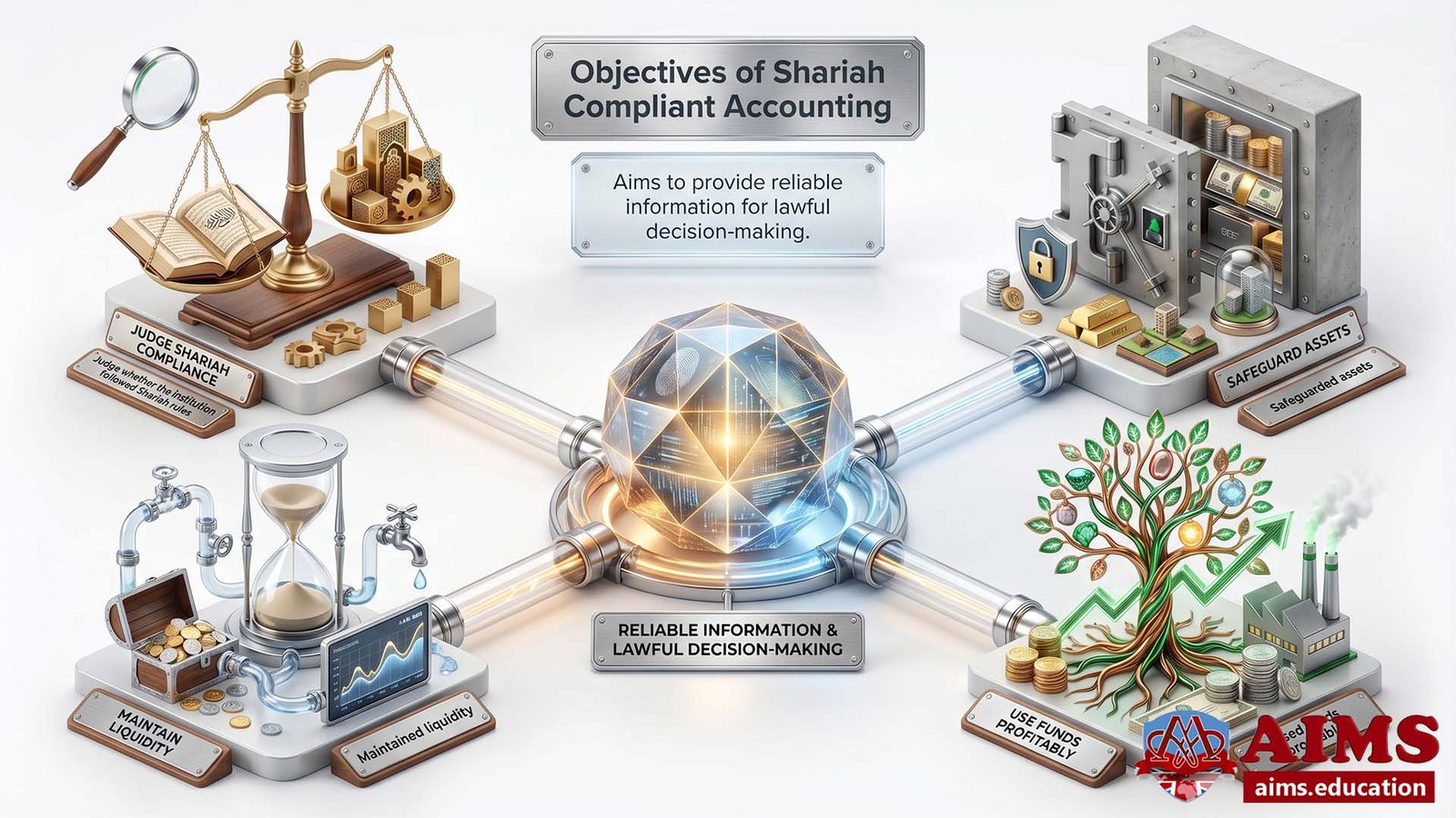 Objectives of Shariah Compliant Accounting Explained Visually Objectives of Shariah compliant accounting with assets, liquidity, and compliance icons