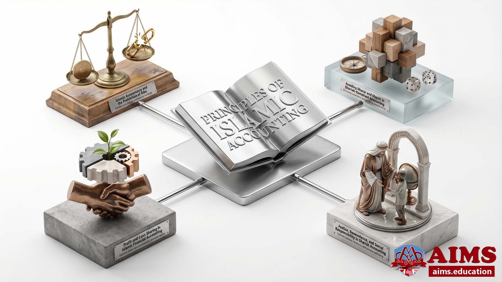 Core Principles of Islamic Accounting and Shariah Financial Standards Principles of Islamic Accounting illustrated through scales, handshakes, and puzzles.