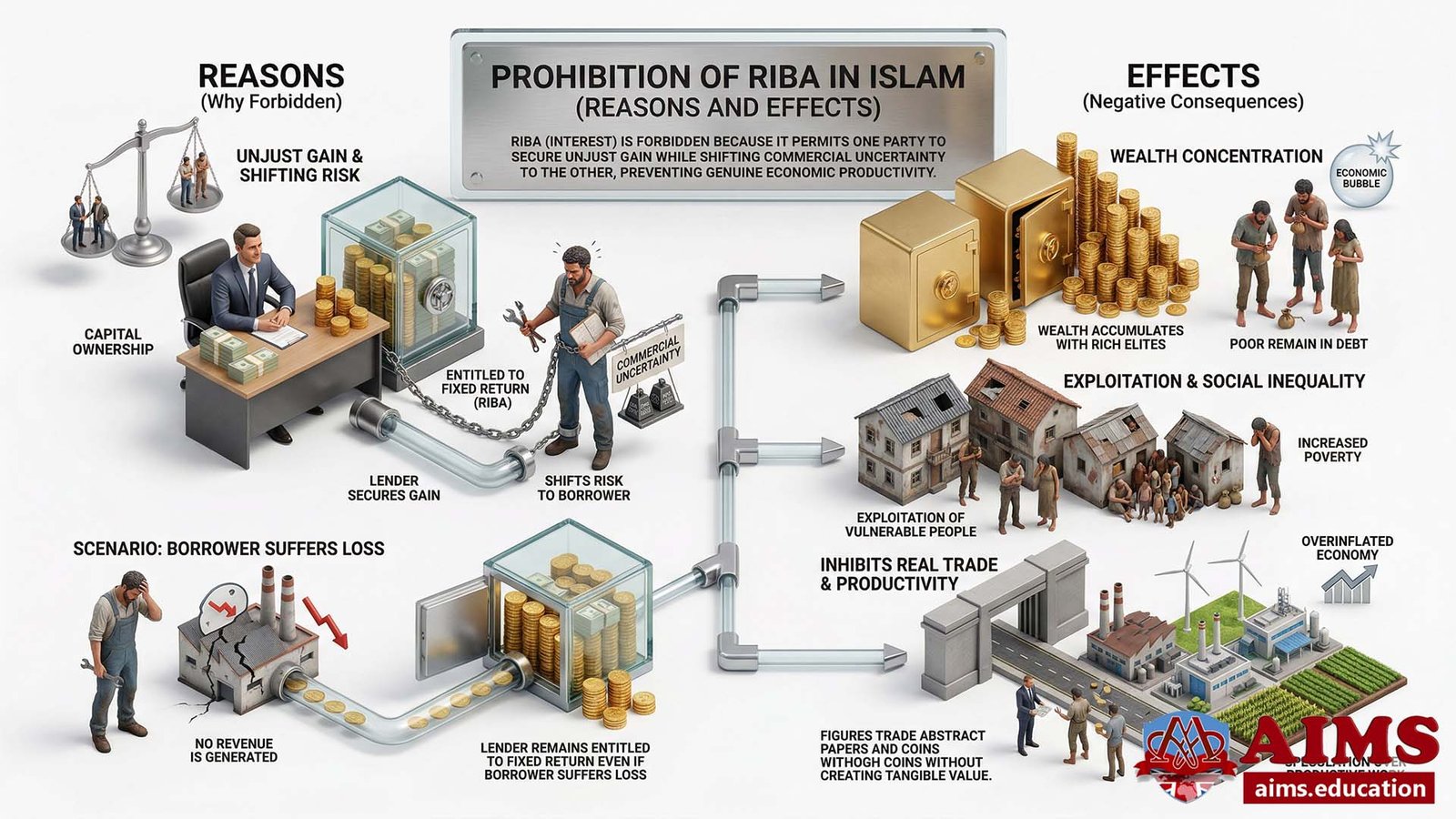 Prohibition of Riba in Islam: Core Reasons and Socioeconomic Effects Infographic illustrating Prohibition of Riba in Islam (Reasons and Effects) using lender dynamics.