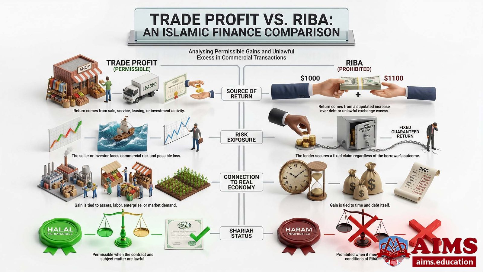 Riba vs Conventional Interest Comparison Riba vs conventional interest shown against halal trade profit