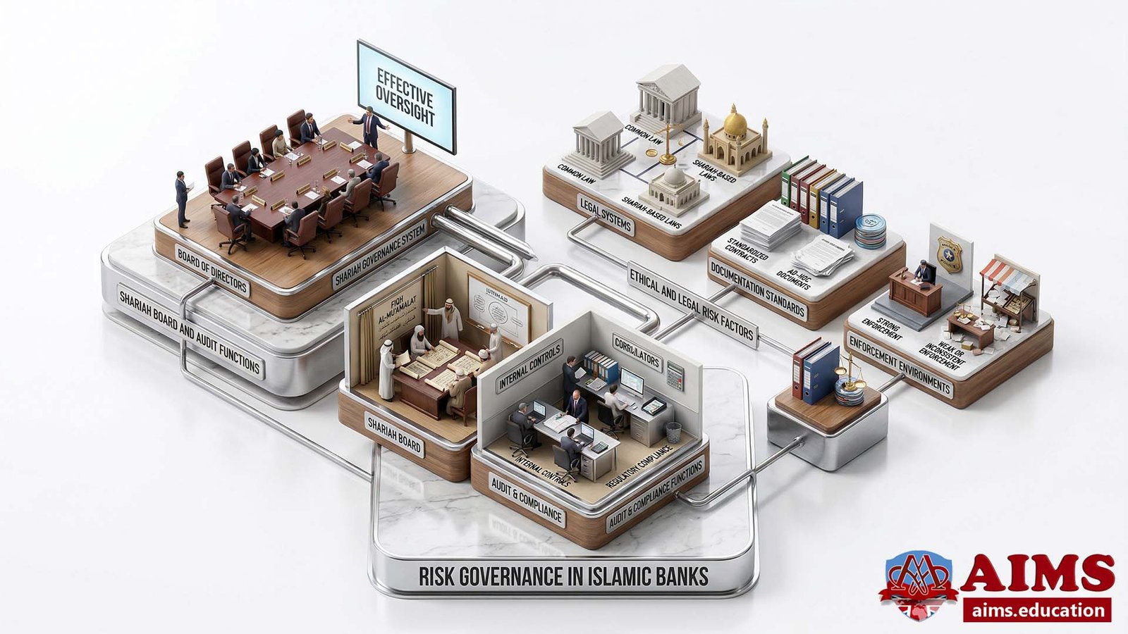 Risk governance in Islamic banks infographic showing Shariah oversight and audit functions