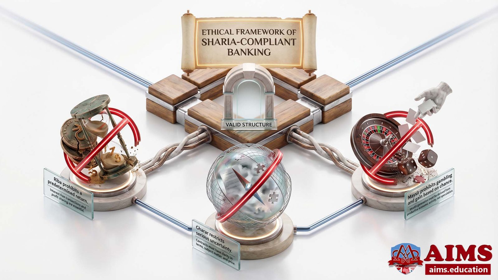 Sharia-compliant banking visual with Riba, Gharar, and Maysir prohibitions