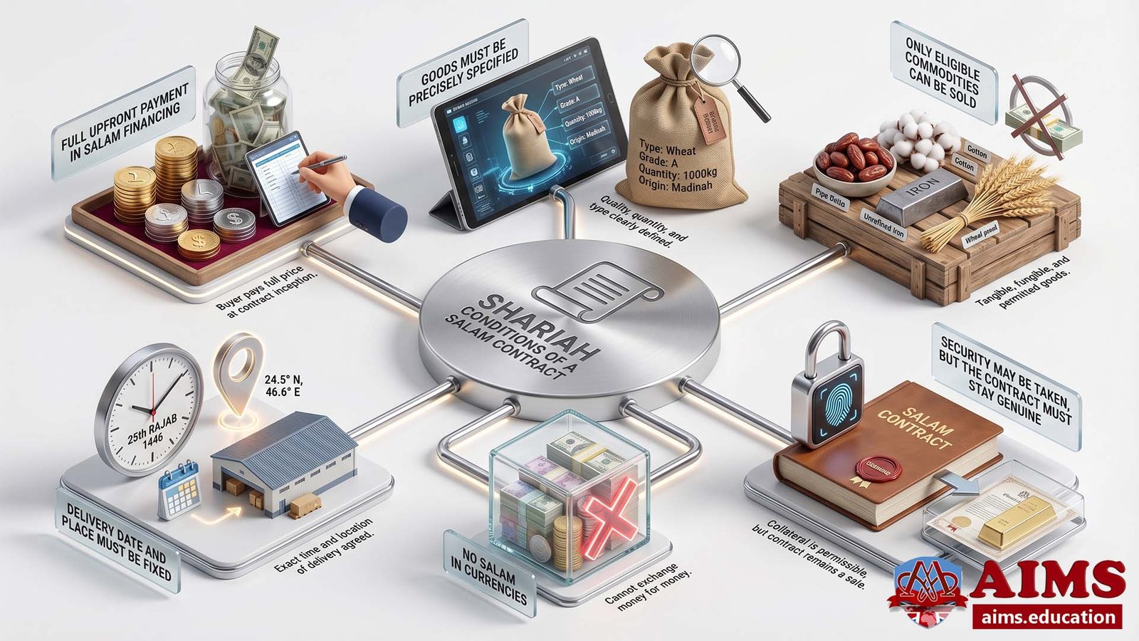 Shariah Conditions of a Salam Contract in Islamic Finance Shariah conditions of a Salam contract infographic with six rules