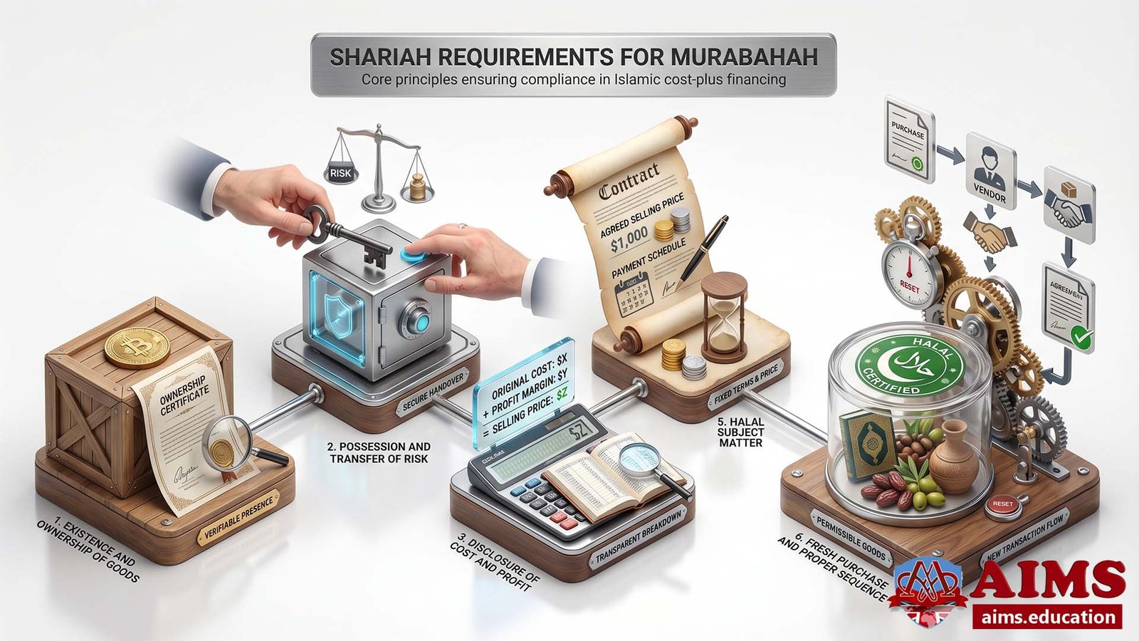 Shariah requirements for Murabahah with ownership, risk, price, and halal goods