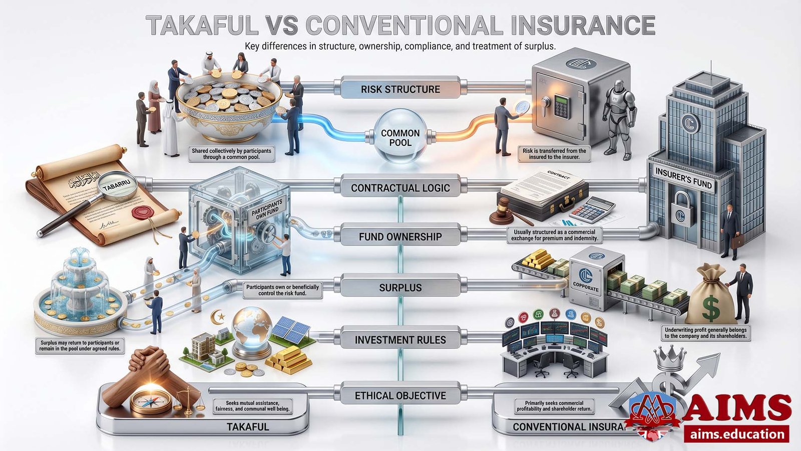 Takaful vs conventional insurance comparison infographic with six core differences