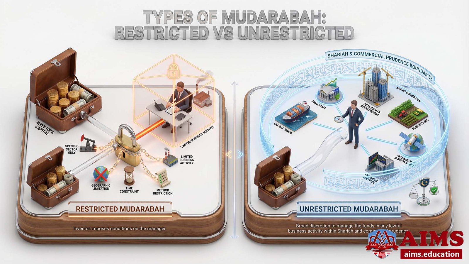 Types of Mudarabah showing restricted and unrestricted fund management