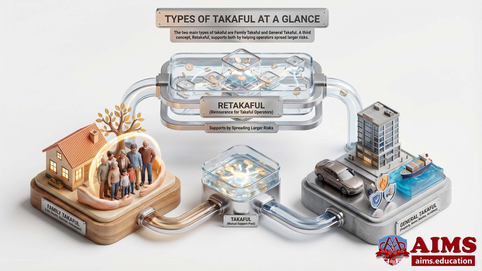 Types of Takaful diagram showing family, general, and retakaful