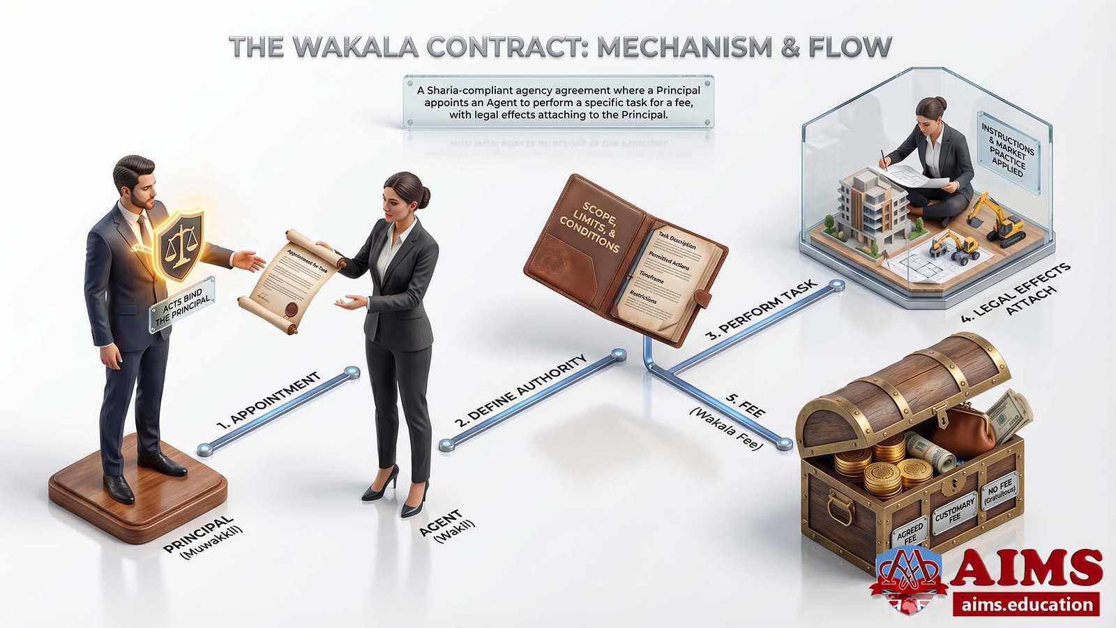 Wakalah contract flowchart showing appointment, authority, task, and fee