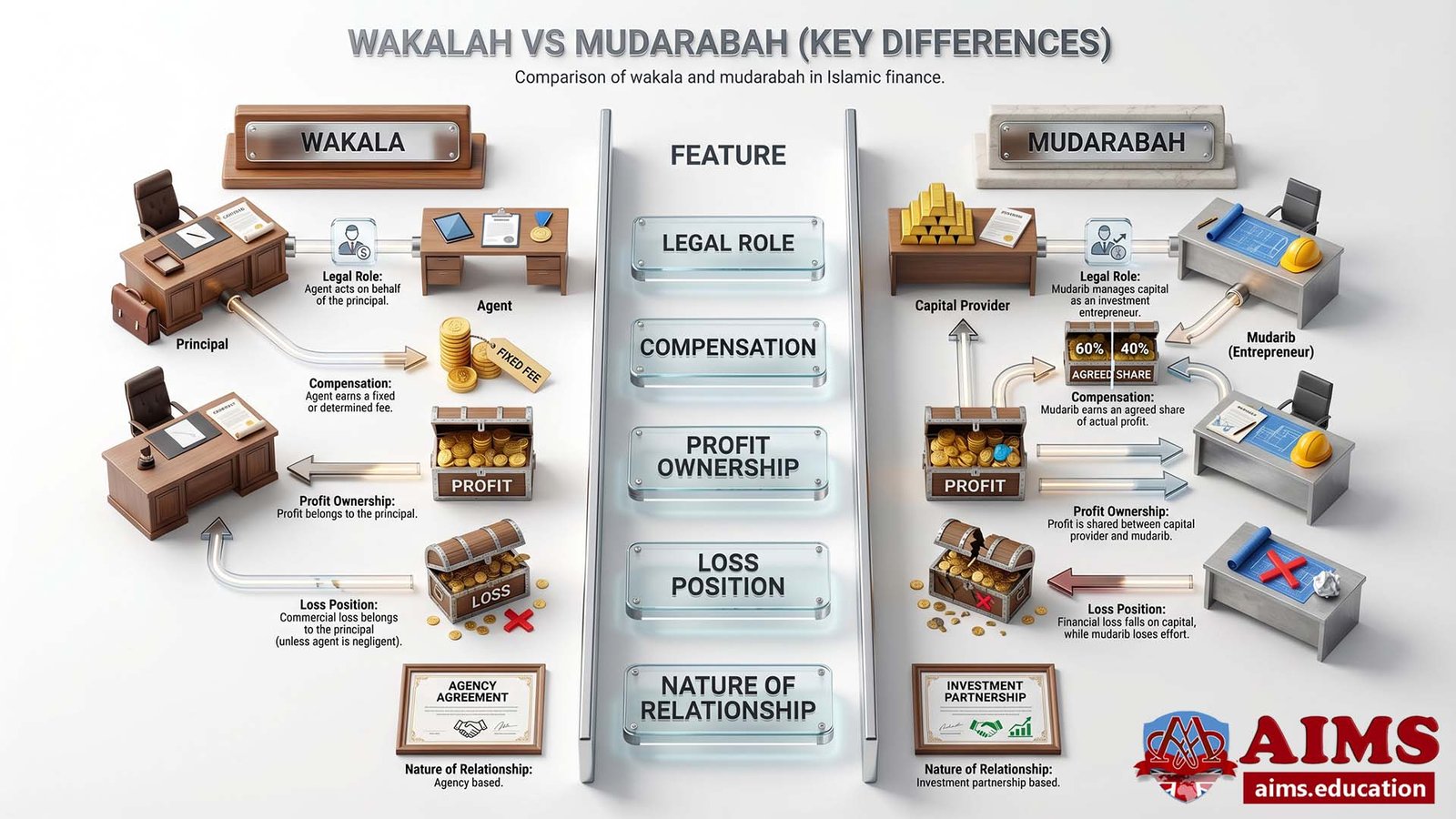 Wakalah vs Mudarabah comparison infographic with five key differences