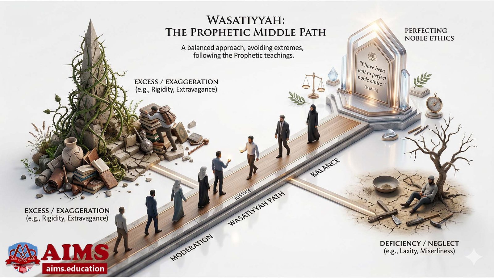 Central path illustrating Wasatiyyah (Balanced Approach) between thorny excess and barren deficiency.