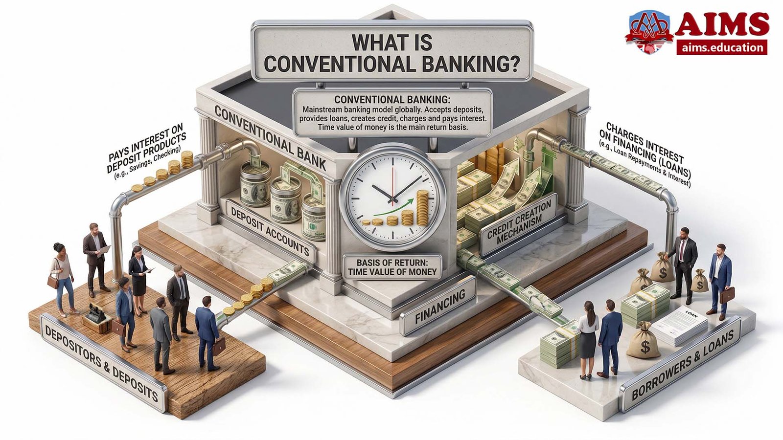 What is conventional banking infographic showing deposits loans and interest