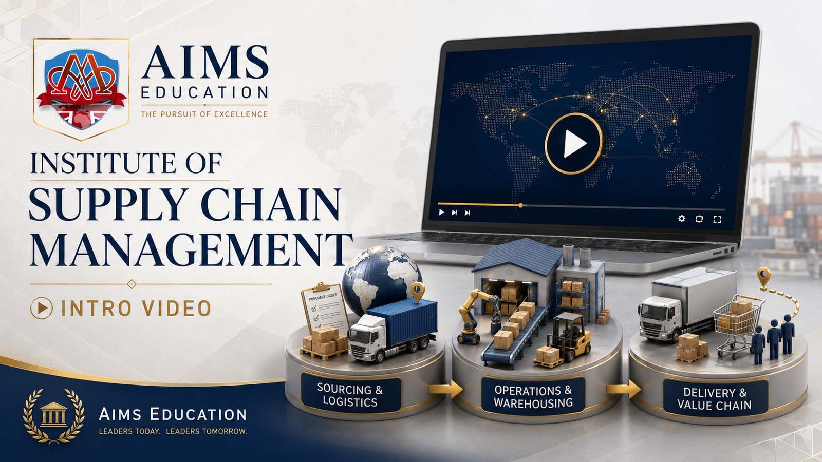 Institute of Supply Chain Management Intro Video | AIMS Education Institute of Supply Chain Management intro video by AIMS Education showing online supply chain learning, sourcing, logistics, operations, warehousing, delivery, and value chain concepts