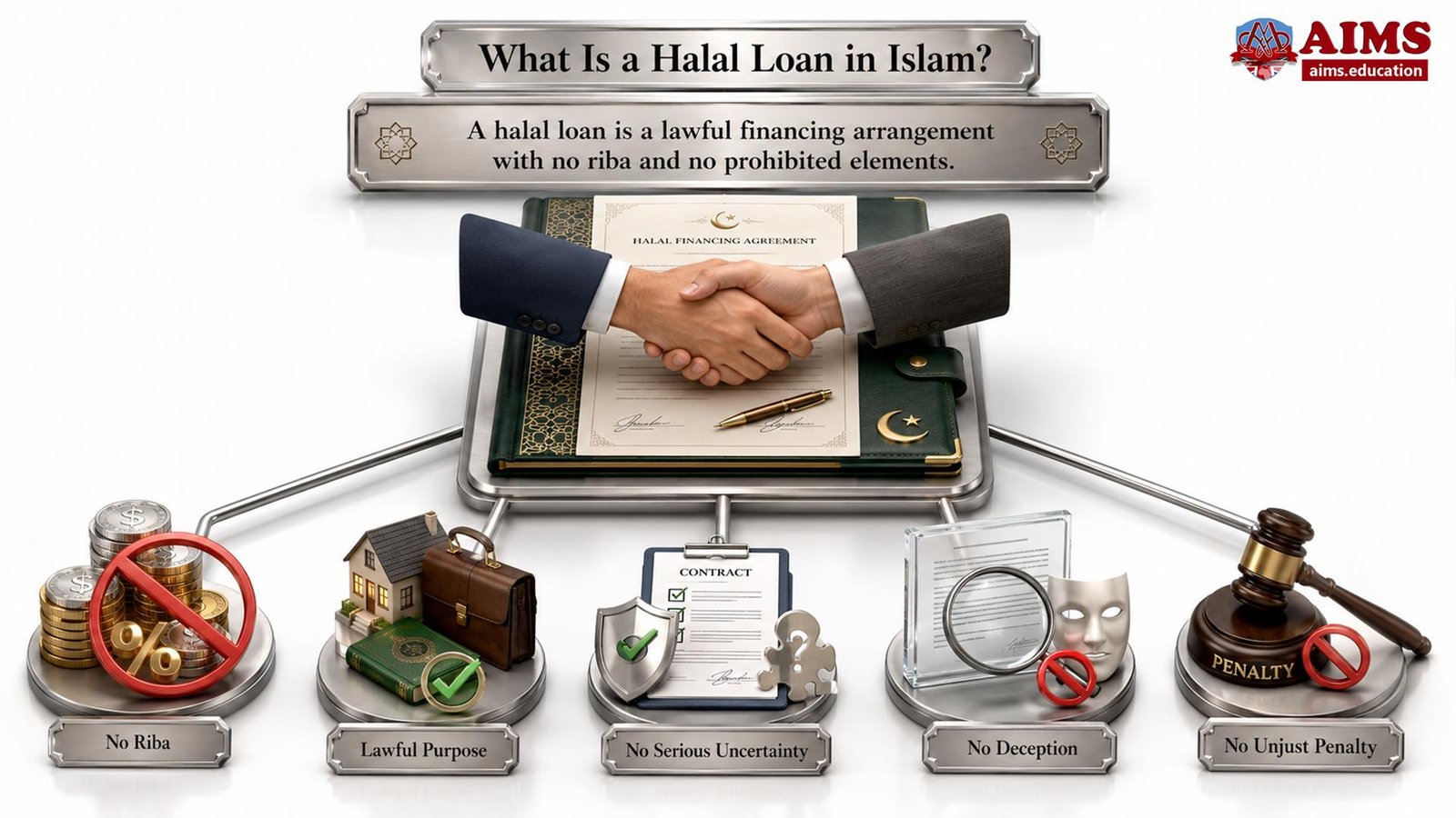 What are Halal Loans (Islamic Loans or Shariah-Compliant Financing): Meaning, Shariah Rules, Types, and Examples | AIMS Education Halal Loans infographic explaining Shariah-compliant financing