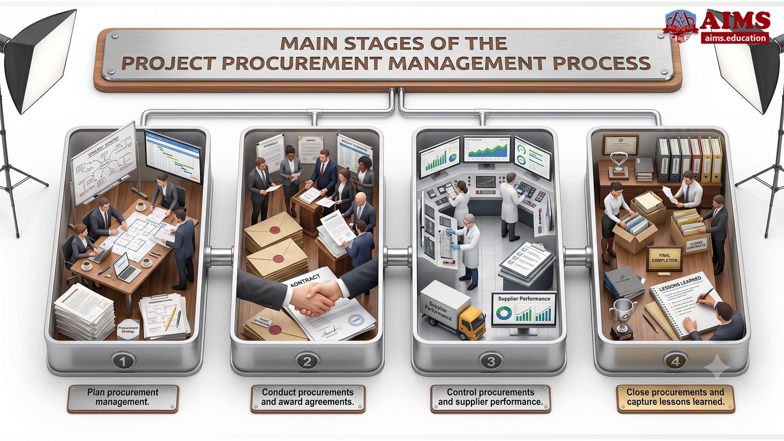 Project Procurement Management: Process, Planning, Contracts and Examples | AIMS Education Project procurement management process four-stage diagram